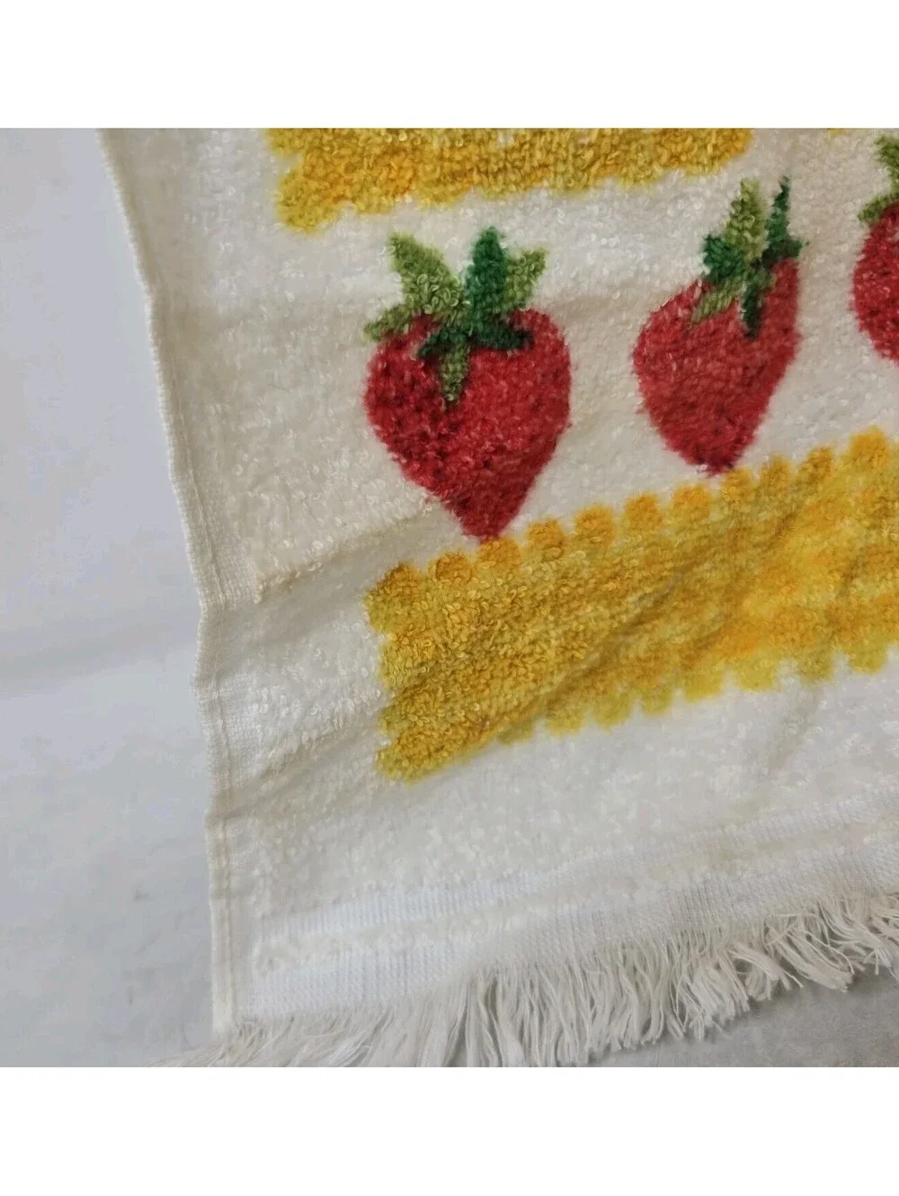 Vintage 1970s Strawberry Hanging Dish Towel Vibrant Bright Colors Red Top 27